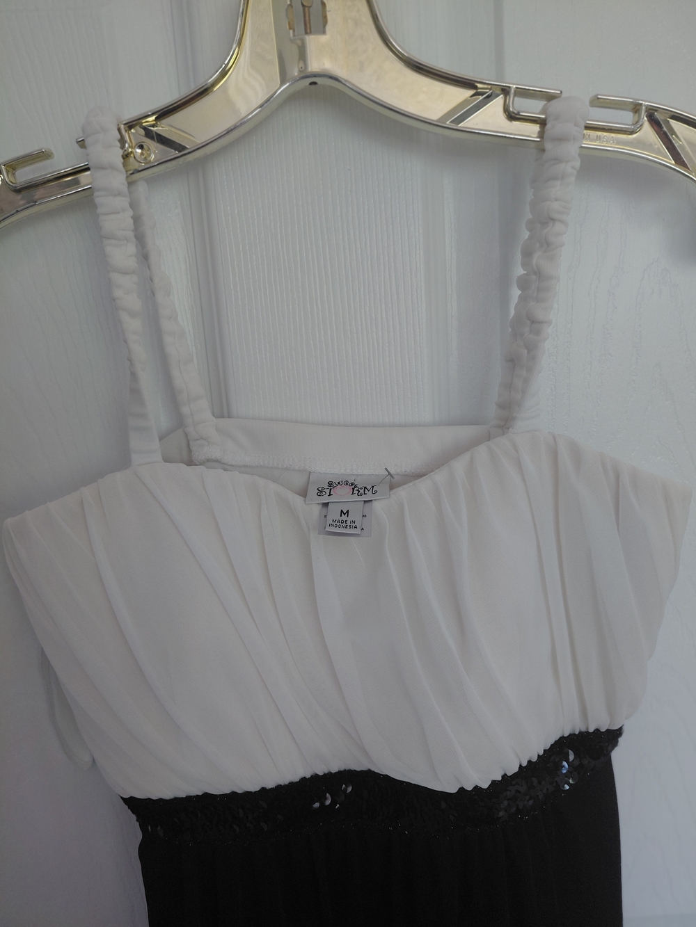 White and Black Sequin Waist Spaghetti Strap Dress Top - Medium